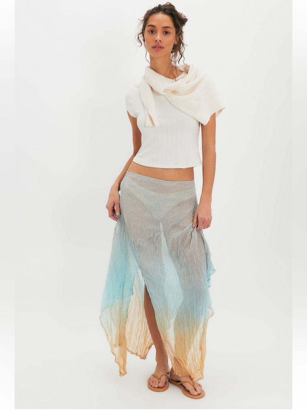 Free People Ombre Crinkle Asymmetrical Maxi Skirt in Blue & Beige